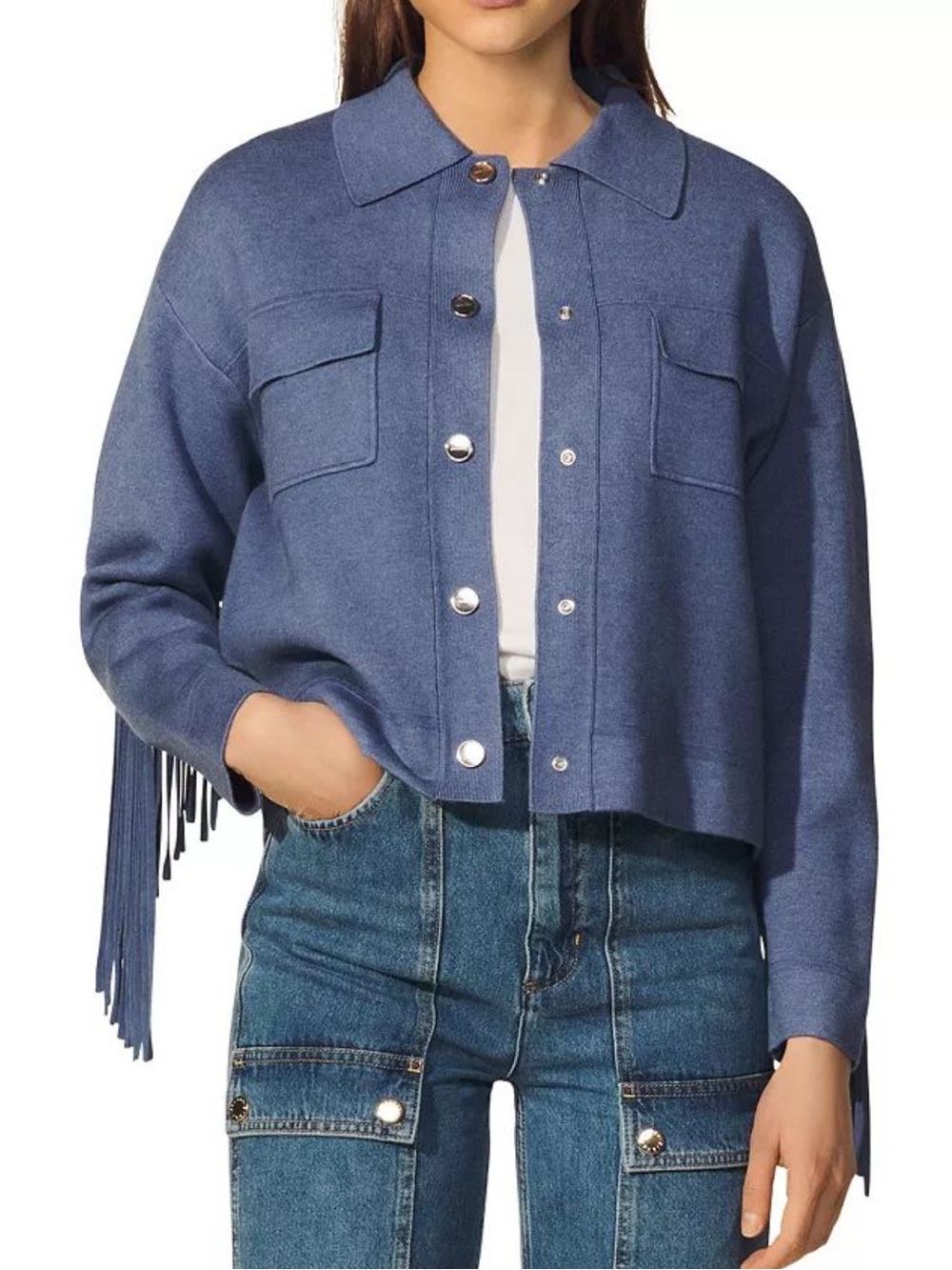 Sandro Paris Blue Fringe Knit Jacket cardigan